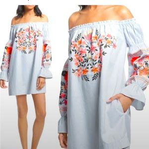 Free People Tunic embroidered dress summer linen off shoulder